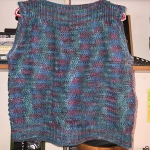 handmade knit top vest boat neck variegated purple green blue
